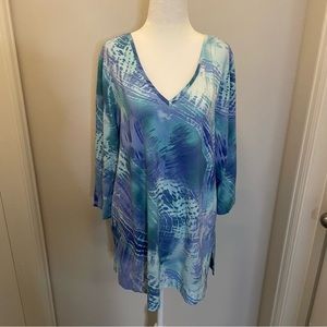 Chico’s 3/4 Sleeve Blue Purple Watercolor Stretch Tunic Top Women’s Size L